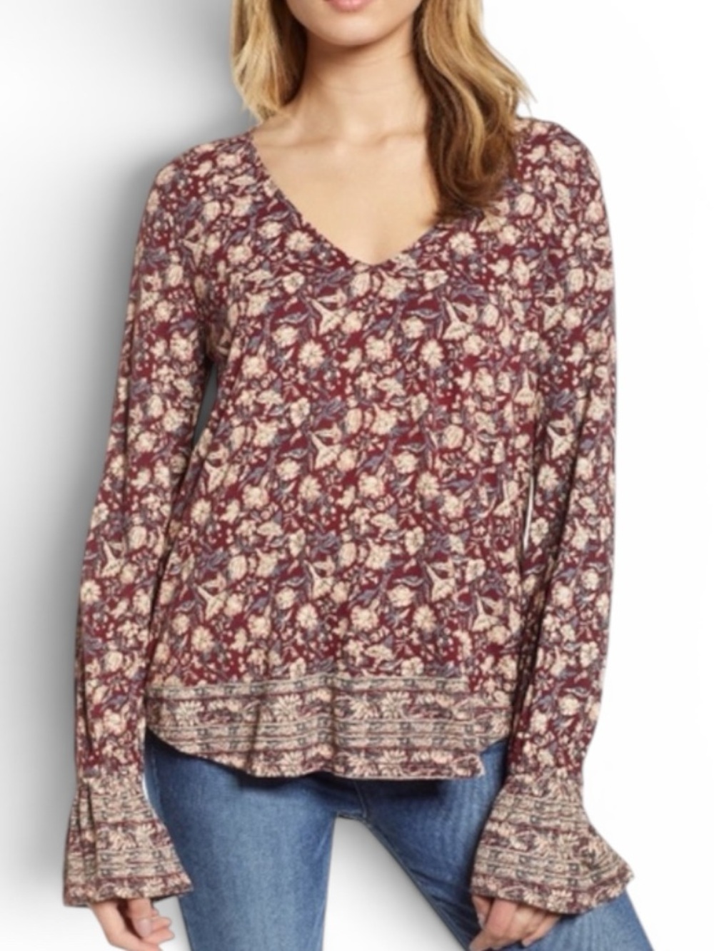 Lucky Brand Dusty Rose Floral Long Sleeve Loose Fit Top